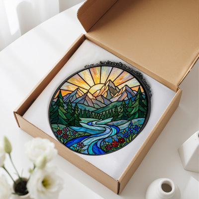 Mountain River Stained Glass Window Panel，12"H