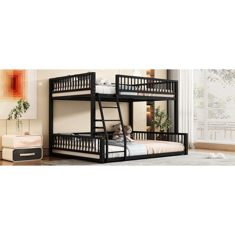 Full Xl Over Queen Floor Bunk Bed, Black Metal Frame, , Guardrails, Detachable For Two Bed Divisions, Space Saving, Muggy Metal, Design, Saver, Efficient