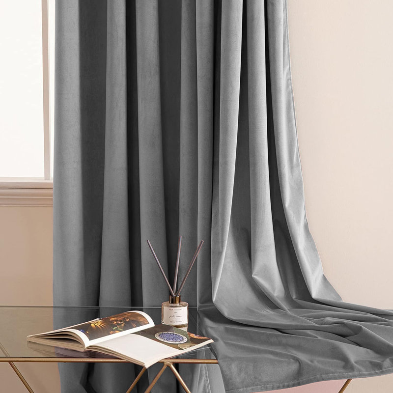 Thermal Velvet Curtains with Eyelet Ring Top - Blackout Crushed Velvet Drapes Pair, Grey, 117cm Width x 137cm Drop