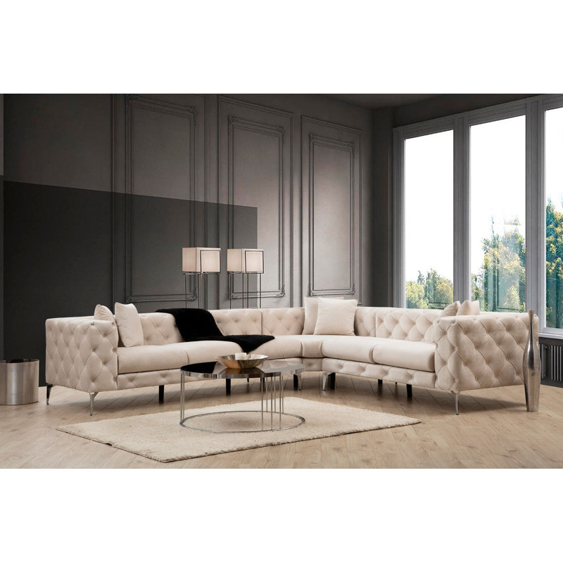 Modern Corner Sofa, Ecru Color, 122.0 x 27.6 x 106.3 Inches | Beech Wood & Chipboard Frame, 100% Polyester Fabric, 6 Removable Cushions | Metal Legs, Dry-Cleanable, Stylish & Comfortable for Living Room