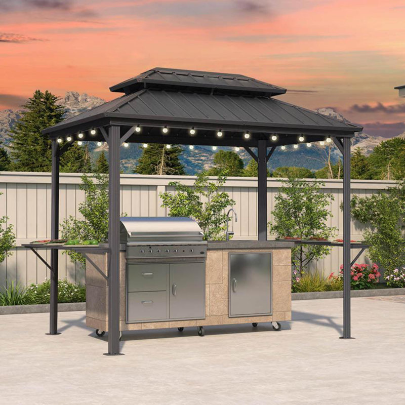 PURPLE LEAF Hardtop Grill Gazebo for Patio Aluminum Barbeque Canopy with 24 Clear Light Bulbs and Shelves Double Tiered Grey Outdoor BBQ Gazebo