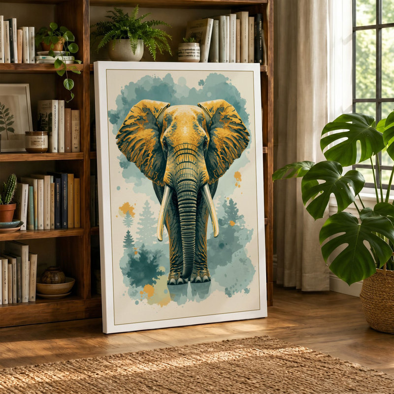 Golden Elephant Portrait Boho - Wrapped Canvas, 30x20 - 76.2 x 50.8 cm, Cream Border