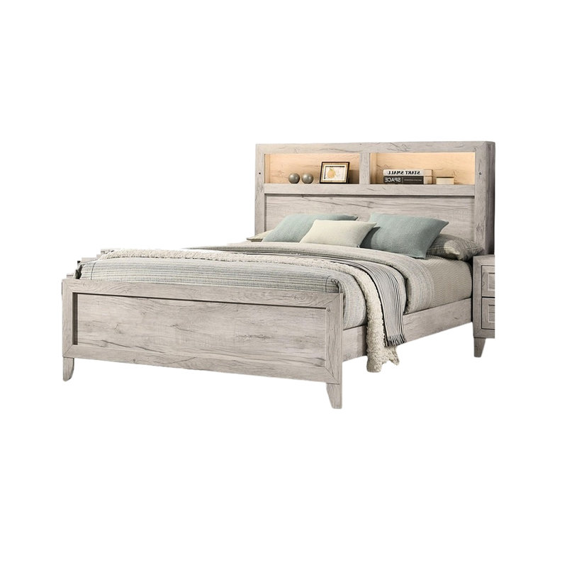 White Washed Full Size Bed With Headboard Shelves And Lighting, Contemporary Bedroom Furniture, Button Acrylic Buttons, Simple Assembly , Paper Veneer,