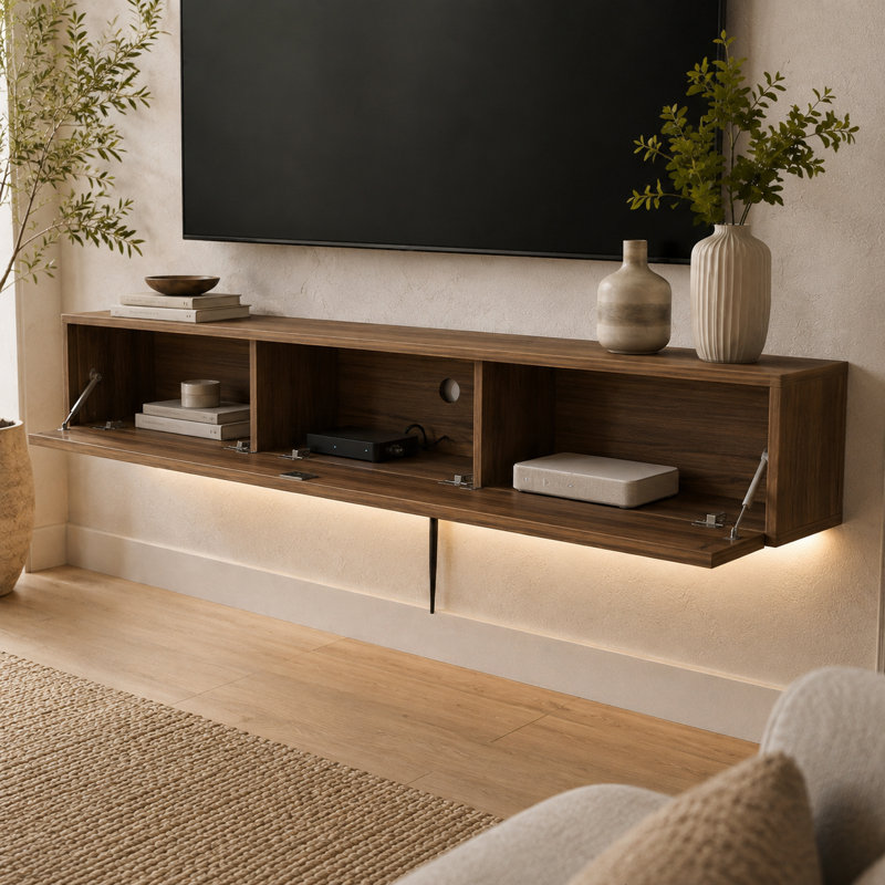 Meuble télé flottant à DEL, finition bois, tablettes ouvertes