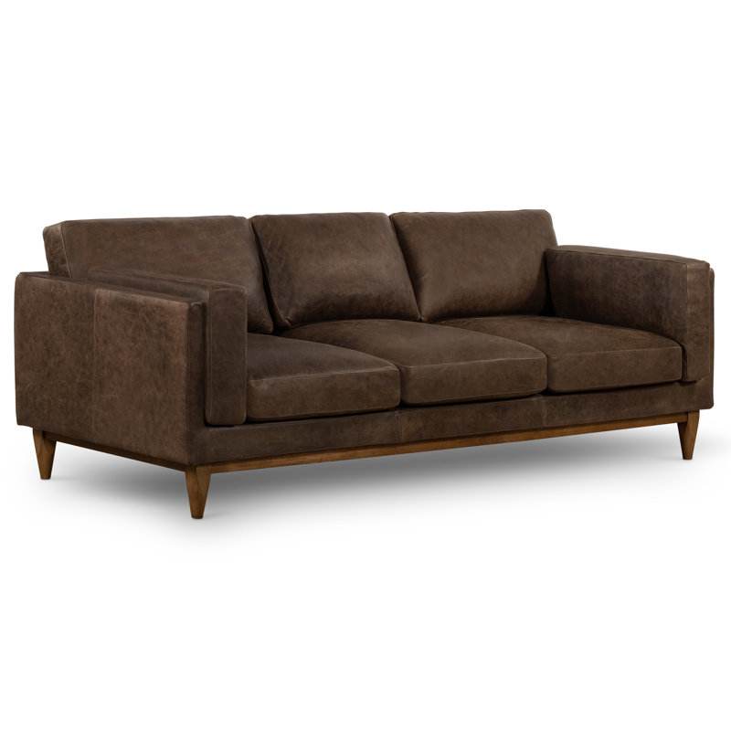 Canapé en cuir véritable Celina, Cuir véritable brun clair cambrousse, Brun foncé