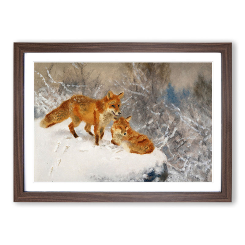 Two Foxes by Bruno Liljefors - Picture Frame Painting, Walnut Framed, 36cm H x 48cm W x 2cm D