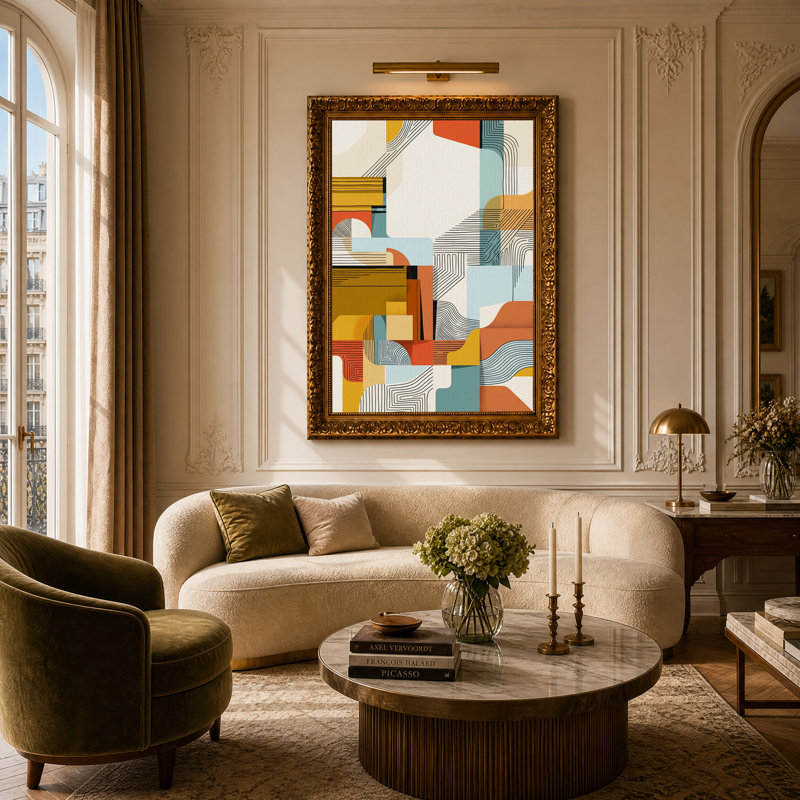 Formes géométriques sur toile jaune moutarde et turquoise, H 24 po x l 16 po
