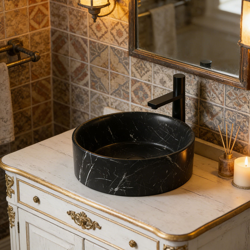 14 Inch Bathroom Sink Round Vessel Sink with Stone Pattern Finish, Black Modern Countertop Bowl Sink for Vanity, Matte Black