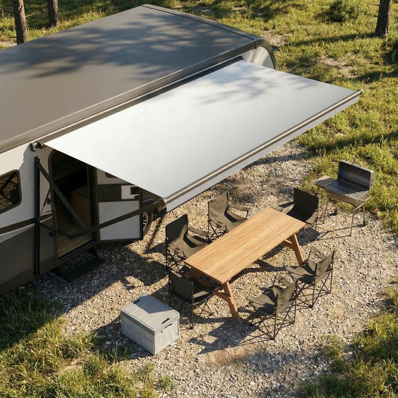Retractable Rv/Patio Awning, Heavy Duty Weatherproof Canopy With Lights, One-Touch Swich, White, 69.24" H x 240" W x 96" D