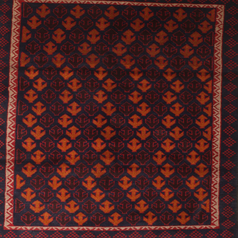 Tapis traditionnel rouge / orange / noir, Carré 5 pi
