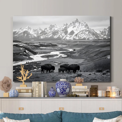Tableau monochrome sur toile représentant un troupeau de bisons à Grand Horizon, impression sur toile tendue sur châssis de 61 x 91 cm (24 x 36 pouces), décoration murale en noir et blanc représentant un paysage animalier pour le salon, le bureau et l'entrée.
