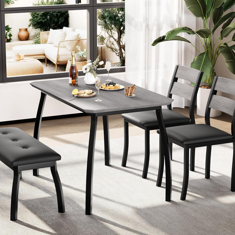 Ensemble de table de salle à manger 43 po pour 4 personnes, table de cuisine en bois avec banc rembourré et 2 chaises coussinées, ensemble de coin-repas industriel pour studio, cuisine, salle à manger, appartement, gris