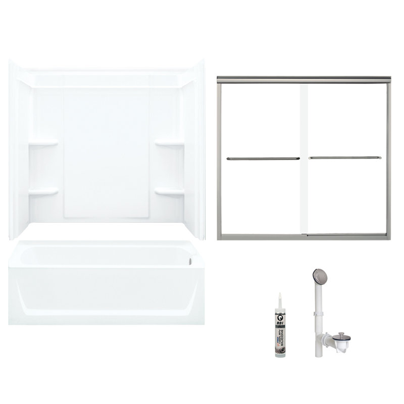 60" W x 75" H Frameless Rectangle Sliding Tub & Shower Kit with Towel Bar and Base Included, Nickel
