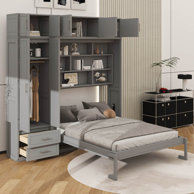 Grand lit mural Graceful avec armoire, étagère et garde-robe intégrée, Gris