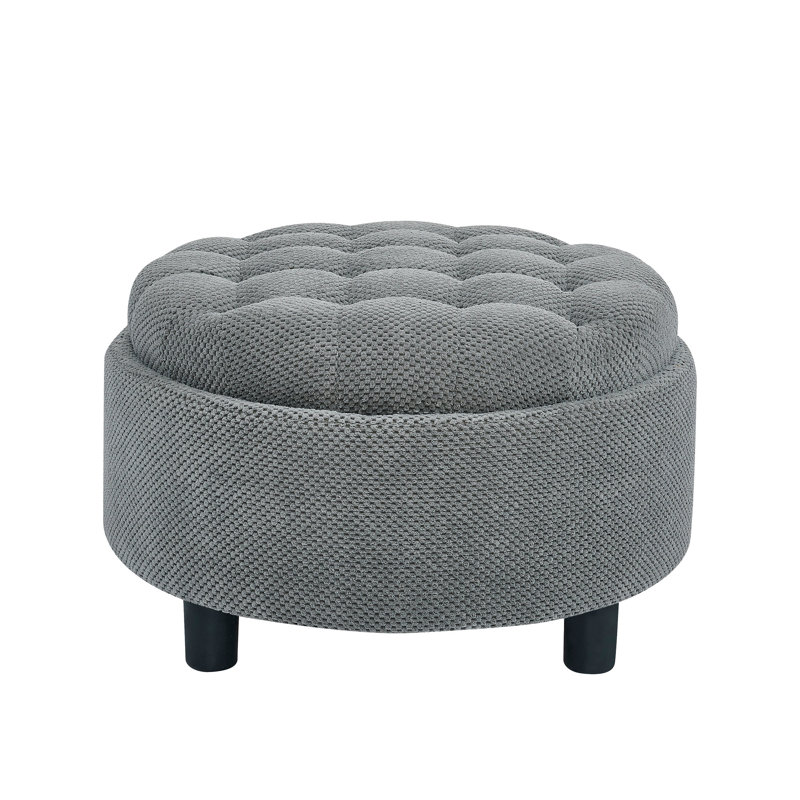 Repose-pieds rond avec rangement de 25 pouces avec plateau, table basse en tissu capitonné moderne avec rangement, repose-pieds rembourré avec plateau amovible pour salon, chambre à coucher, gris clair
