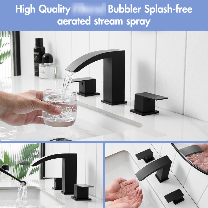 3 Hole Matte Black 8 Inch Widespread Stainless Steel Basin Mixer Tap Faucet With Side And Ceramic Filler, Precise Valves Double Lever Handles Quick - Connect Hose, Manual Control
