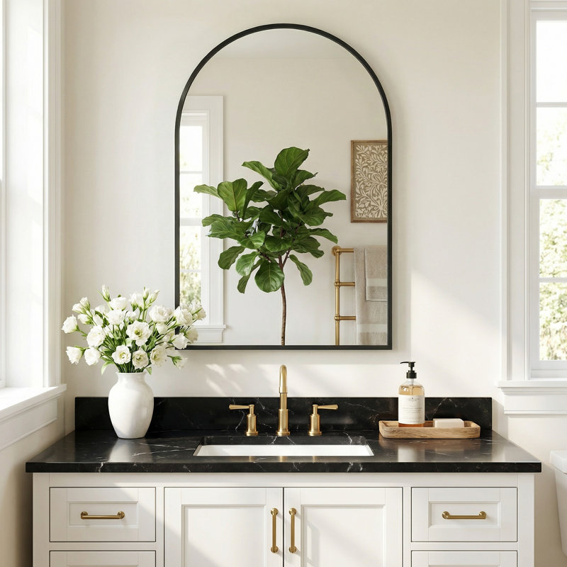 Armoire de rangement pour salle de bain arquée avec miroir H 36 po x l 24 po x P 5 po Armoire en métal, Noir