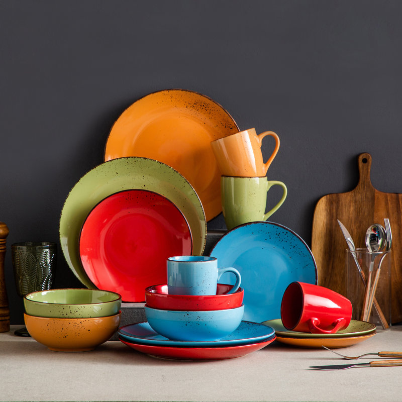 16-Piece Bright Dopamine Color Dinnerware Set for 4, Vibrant Ceramic Plates, Bowls & Mugs, Fun & Festive Tableware, Tropical