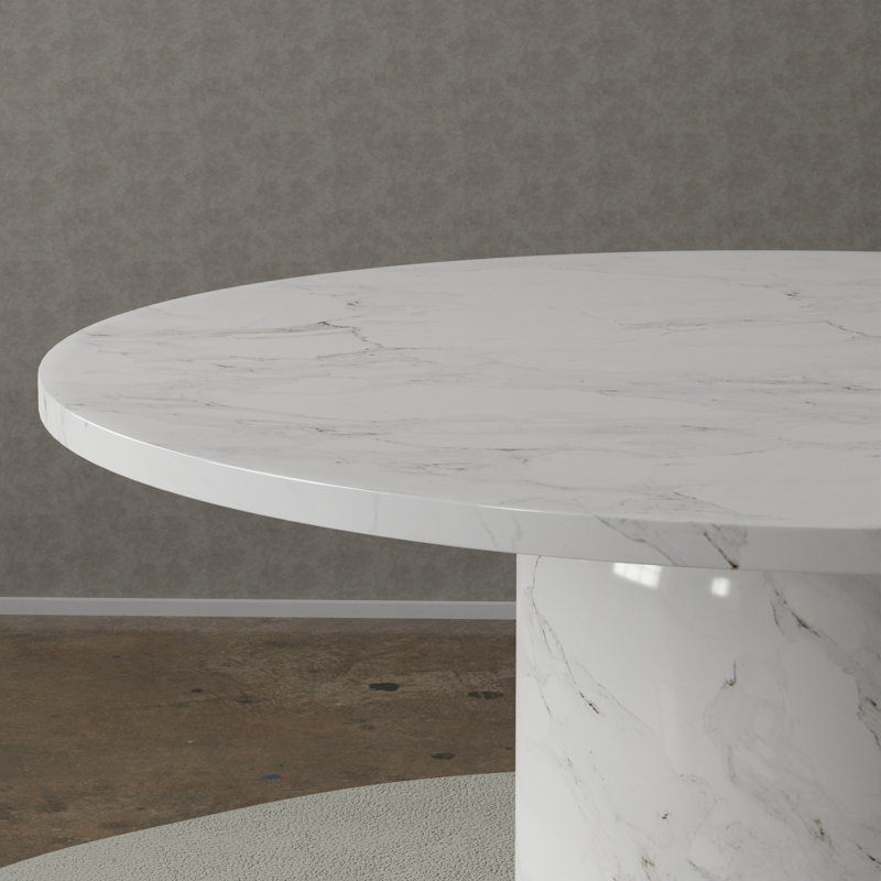 Table de salle à manger ronde en marbre Burga, Marbre blanc avec veines gris clair