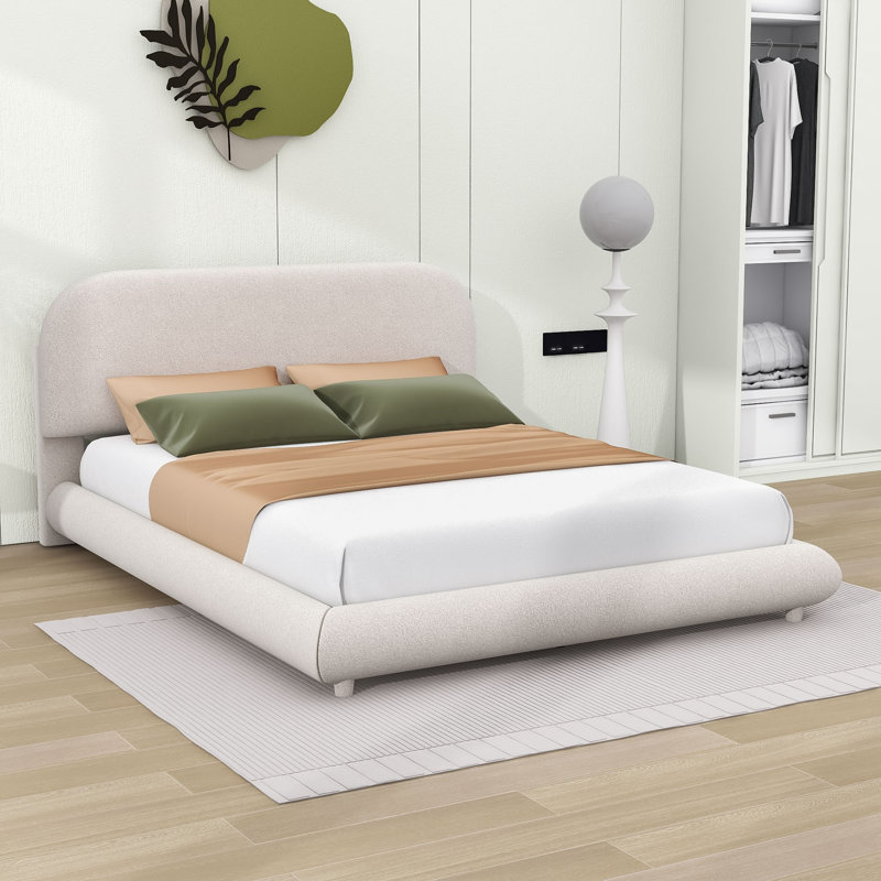 Lit plateforme tapissier Milenka avec tête de lit courbée, Beige, Grand