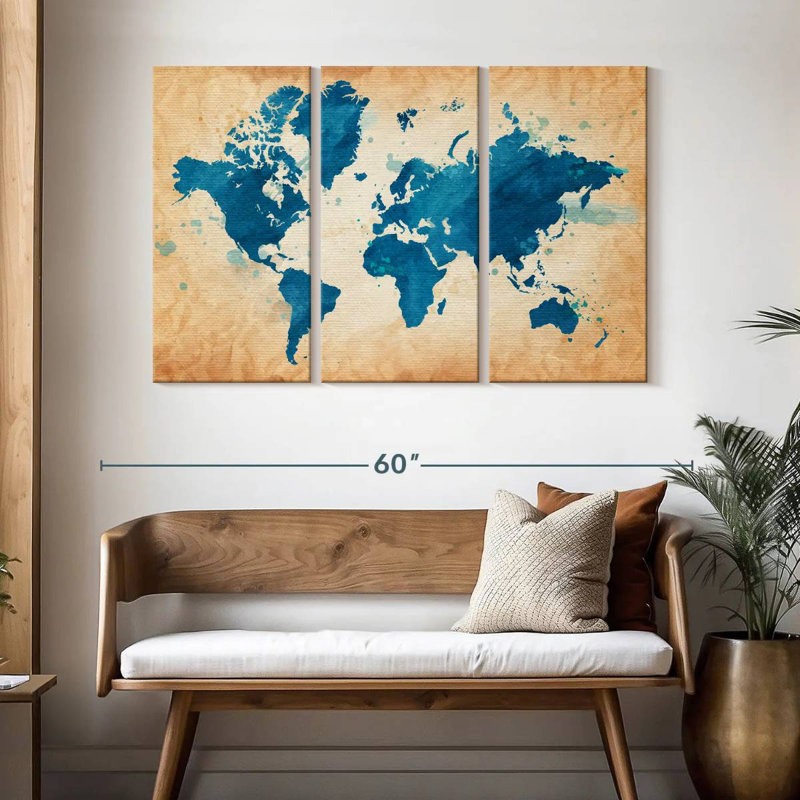 Carte du monde texturée bleue Aliaz, H 32 po x l 50 po