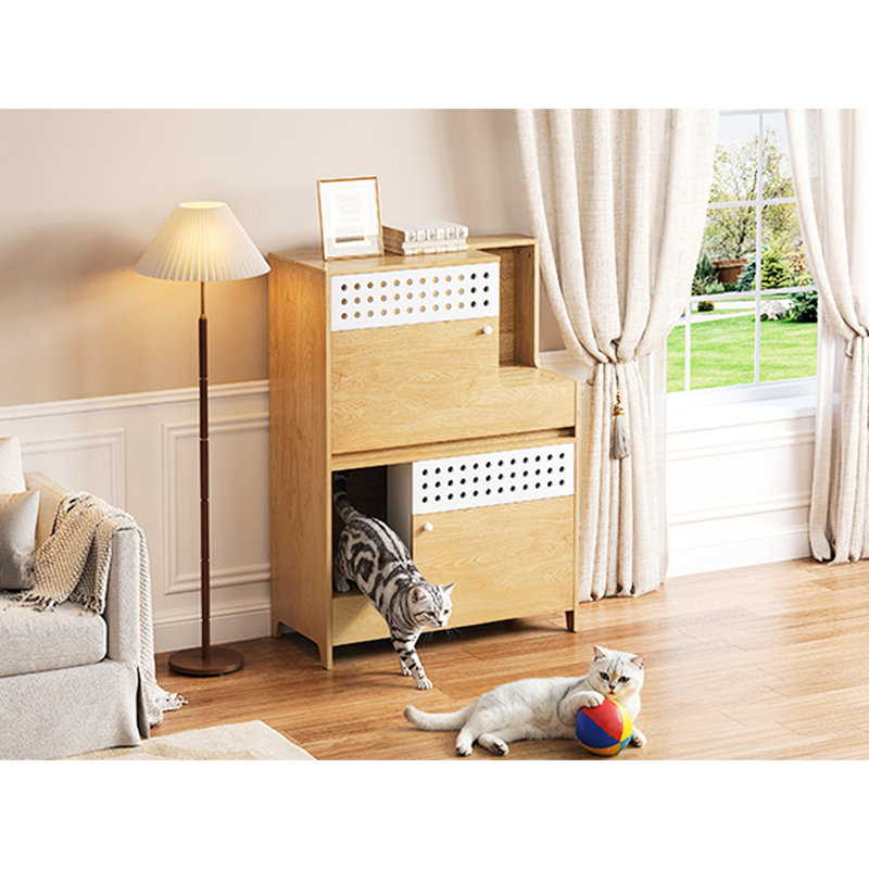 Modern 2 In 1 Cat Furniture, Litter Box Enclosure Side Table In Natural Color, Space Design, , Multi-Functional Use, Good Ventilation, Two Setup Table, Compact Design For Limited Space, Materials,