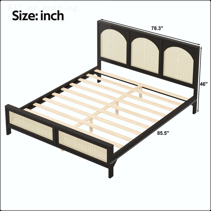 Lit plateforme en bois avec tête et pied de lit en rotin, Noir, Très grand lit
