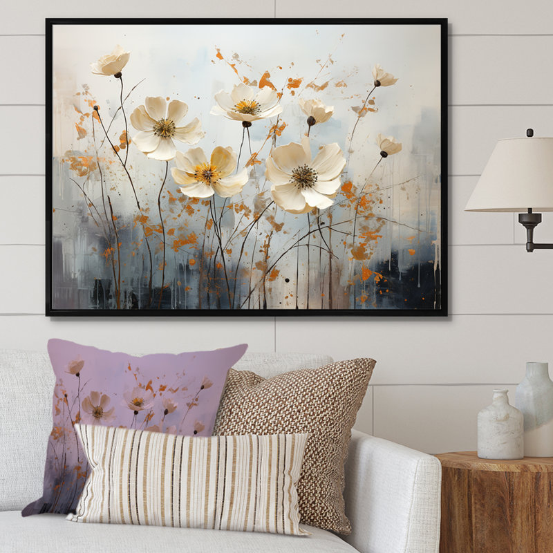 Minimalisme, fleurs sauvages beiges, prairies mélodiques I sur toile, Cadre flottant noir, H 34 po x l 44 po x P 1,5 po