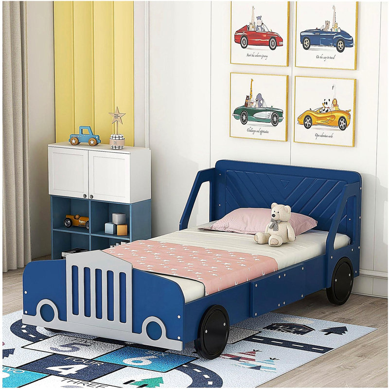 Lit plateforme en forme de voiture avec roulettes, Bleu