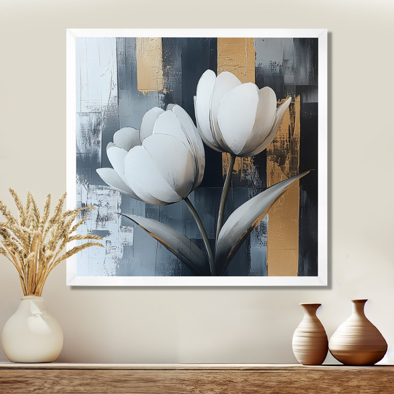 Motif géométrique de tulipes dorées, forme pure I - tulipes, art mural, Reproduction encadrée d'une seule photo, Blanc