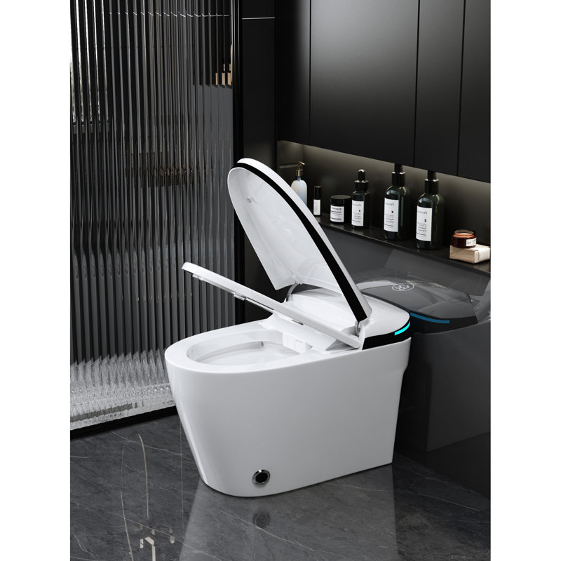 Toilette bidet intelligente - Siège à ouverture / fermeture automatique, affichage à DEL, eau chaude, sécheuse, fonction de lavage avec capteur de pieds, porcelaine blanche chauffée à l'eau, modes de lavage multiples, désodorisation, télécommande