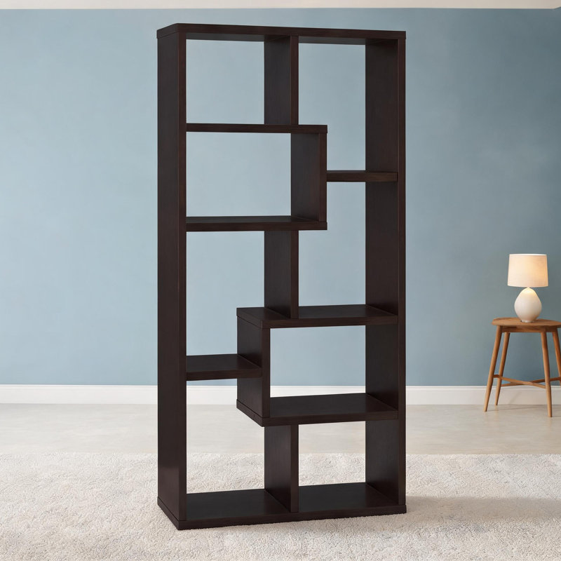 Grande bibliothèque verticale à 10 tablettes pour le rangement de salon et de bureau à finition cappuccino
