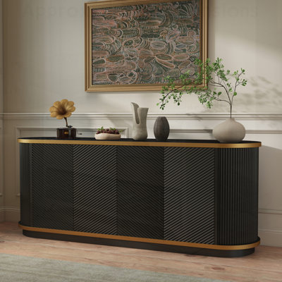 Diagonal Fluted Sideboard Cabinet with Storage, 4-Door Buffet Credenza TV Stand, Black Faux Marble-Top Console Table for Modern Living