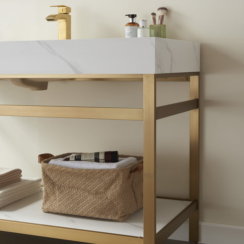 60'' Single Bathroom Vanity with Stone Top, Snow Mountain White, Brushed Gold, Brushed Gold