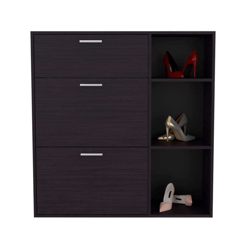 3-Door Shoe Rack With Interior Shelves And Side Shelves, One Drawer Storage Cabinet