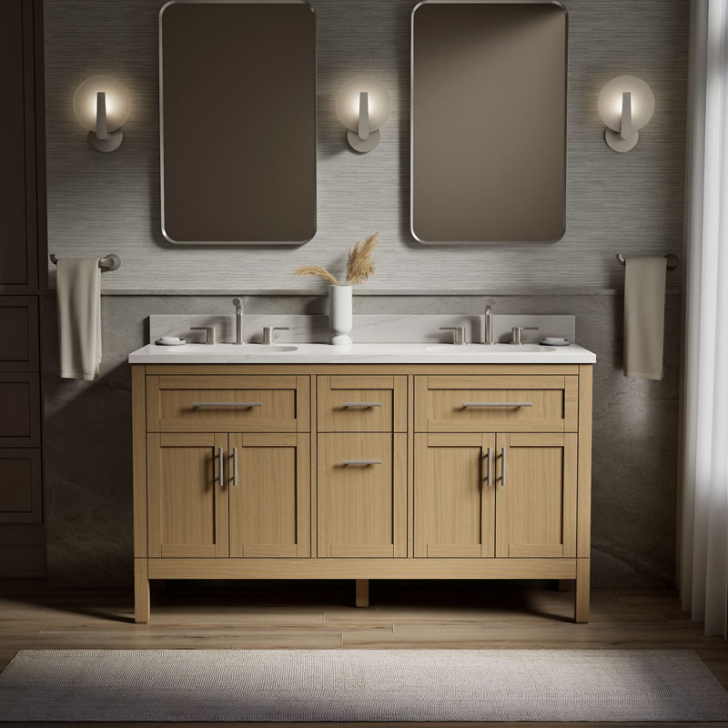 61" Single Bathroom Vanity Set, White, Light Oak