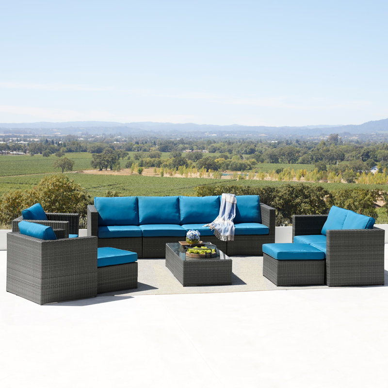 Baecher 11 Piece Wicker Sectional Seating Group with Cushions (Fully Assembled), Dark Gray/Peacock