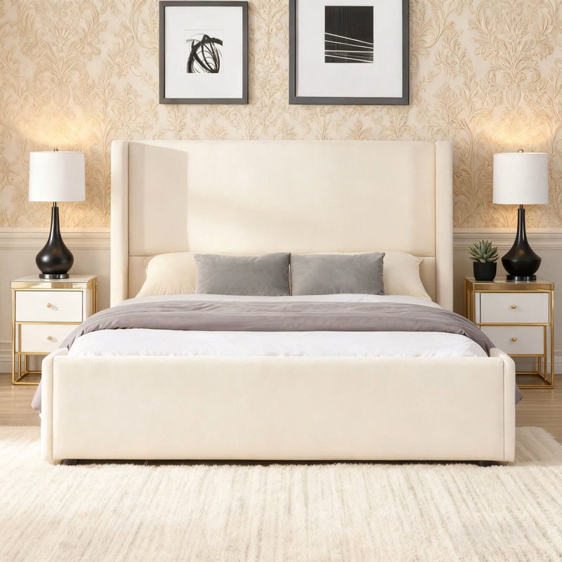 Élégant lit tapissier en tissu avec grande tête de lit, grand, Grand
