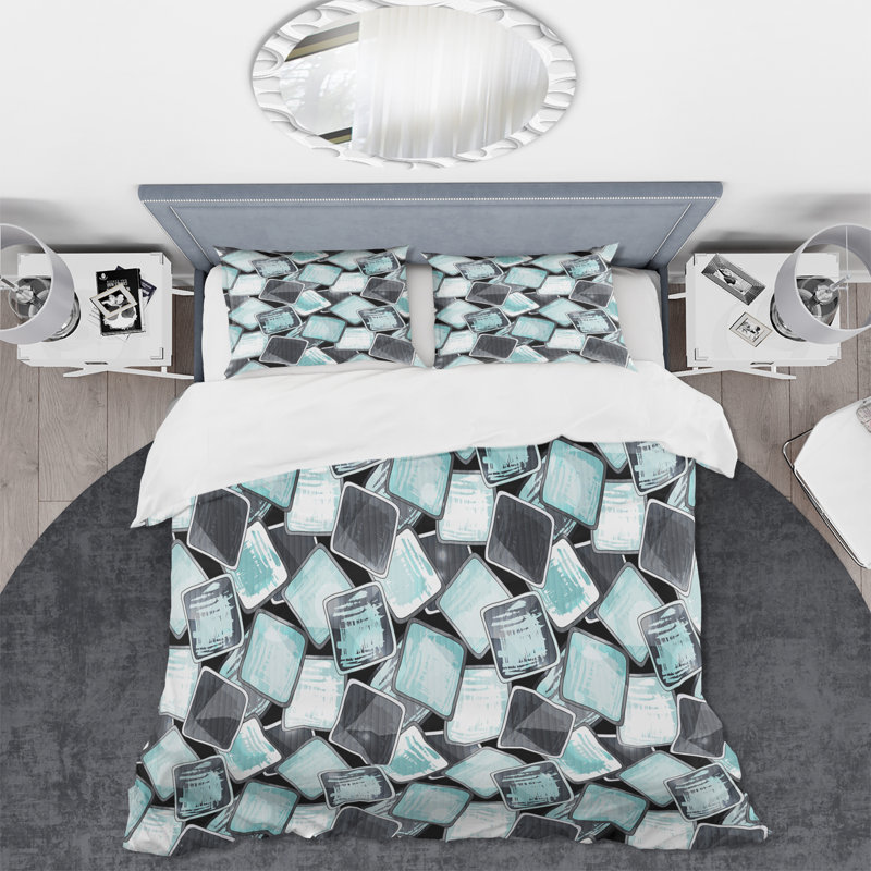Carrés de graffiti turquoise et gris - Ensemble de housse de couette moderne - Microfibre de polyester