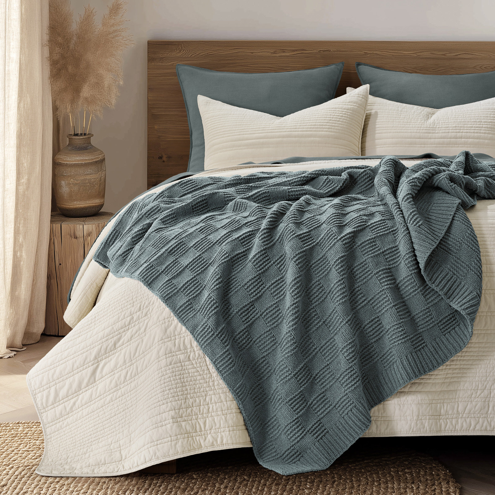 Checkered Weighted Knit Throw Blanket, 60" X 80", Stormy Blue