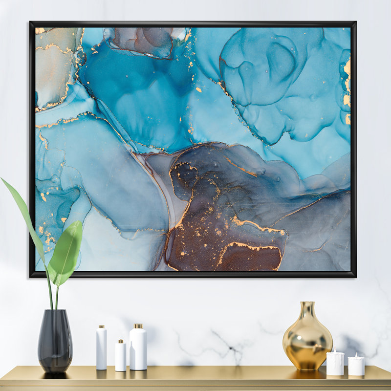 Bleu et gris luxueux abstrait fluide IV - peinture sur toile, H 30 po x l 40 po x P 1,5 po, Cadre flottant noir