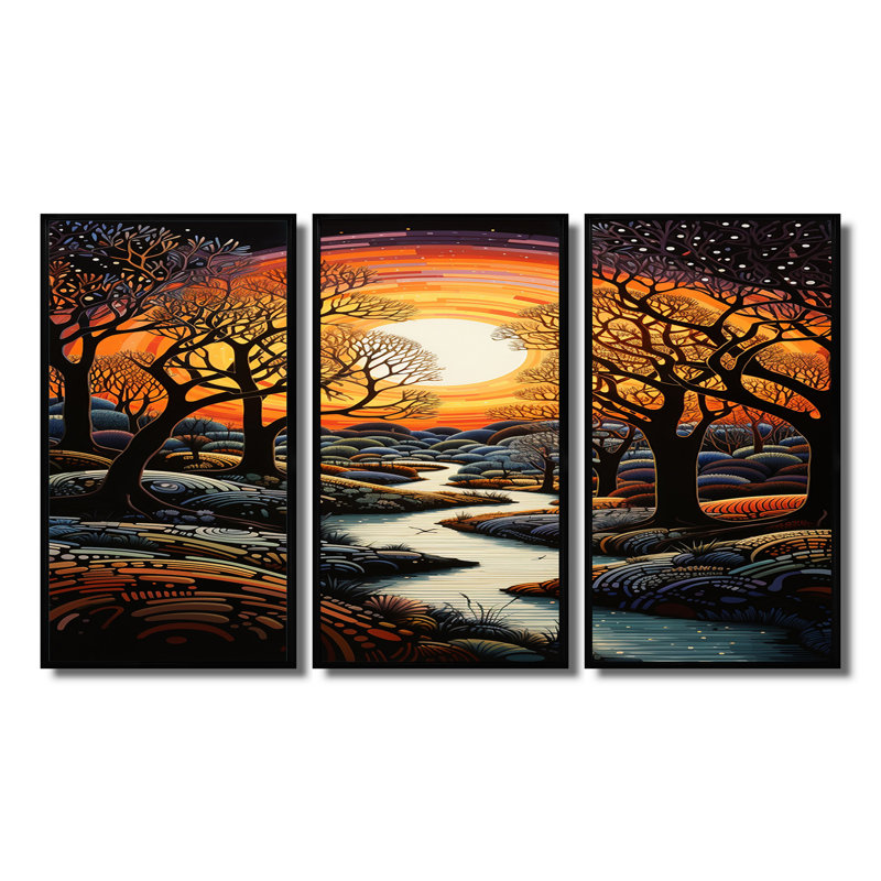 «Enchanted Forest Blue Stream Sunset - River», ensemble d'art mural, Cadre flottant noir, H 40 po x l 60 po x P 1 po