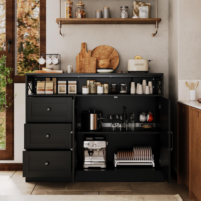 47" Farmhouse Sideboard Buffet Cabinet with Drawers & Built-In Power Hub, Rustic Coffee Bar Pantry Storage Cupboard for Living or Dining Room