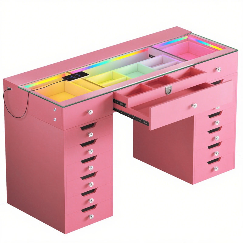 Makeup Vanity HD Glass Top Built-in LED Light Strips Large 15 Drawers Diamond Handles USB and Type-C, Pink