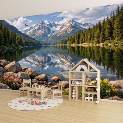 Peel and Stick Wallpaper 96" L x 69" W Modern Self Adhesive Wall Mural for Bedroom - With Majestic Mountain Landscape Clear River Green Forest Print
