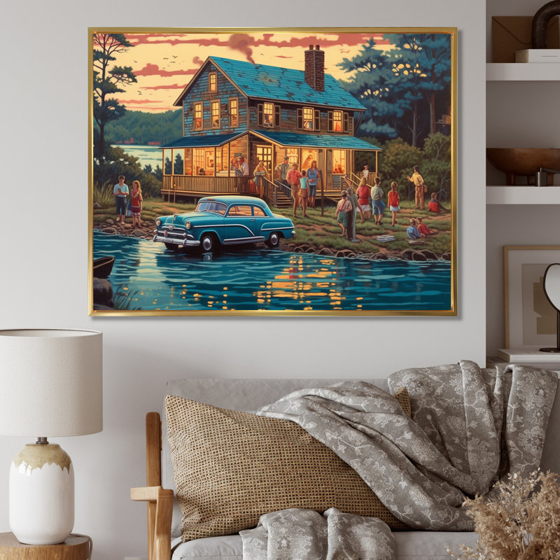 Ger été séché, Vaccation au chalet V sur toile, H 16 po x l 32 po x P 1 po, Cadre flottant doré