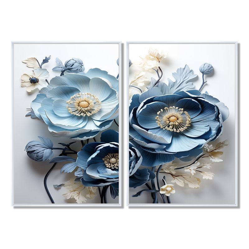 Ranunculus Bouquet VI - impressions sur toile bleues, H 36 po x l 48 po, Reproduction encadrée sans passe-partout, Blanc