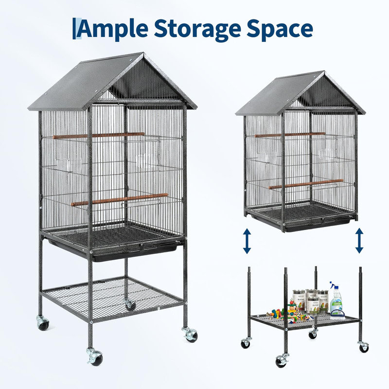 Cage à oiseaux roulante de 50 po de hauteur avec toit imperméable et tablette de rangement