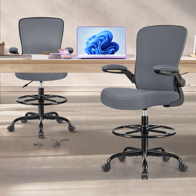 Mesh Drafting Chair with Adjustable Footrest and Lumbar Support, Black, Dark Gray