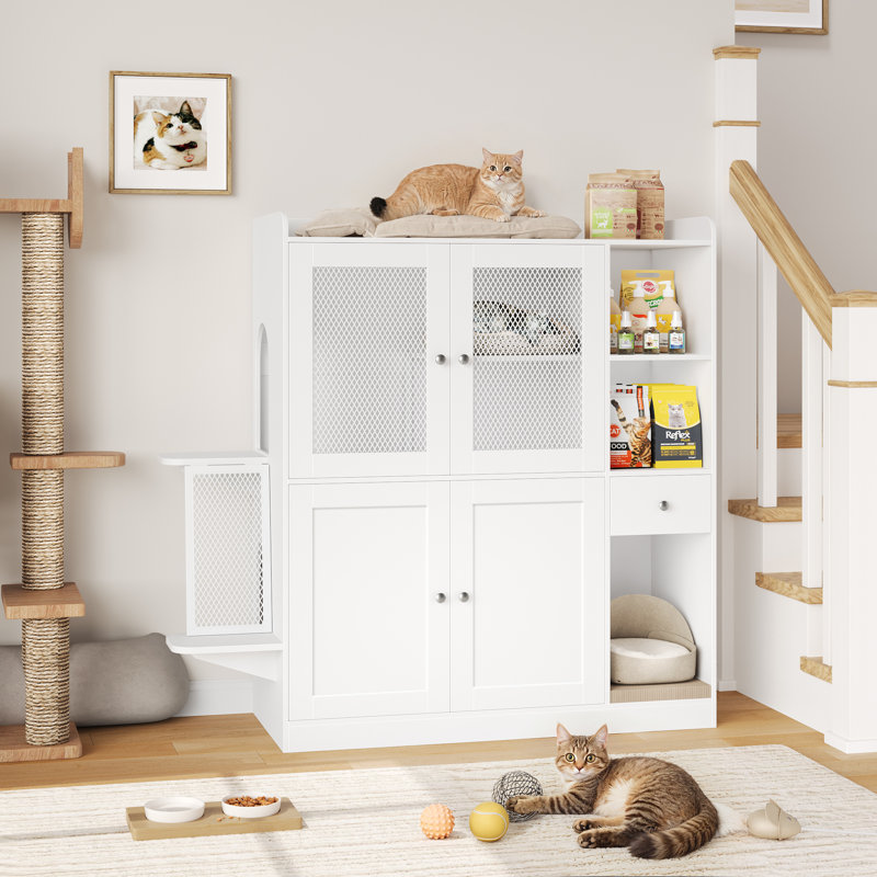 ?? White Multi-Functional Cat Climbing Cabinet | All-in-One Cat Retreat with Litter Box Space & Toy Storage